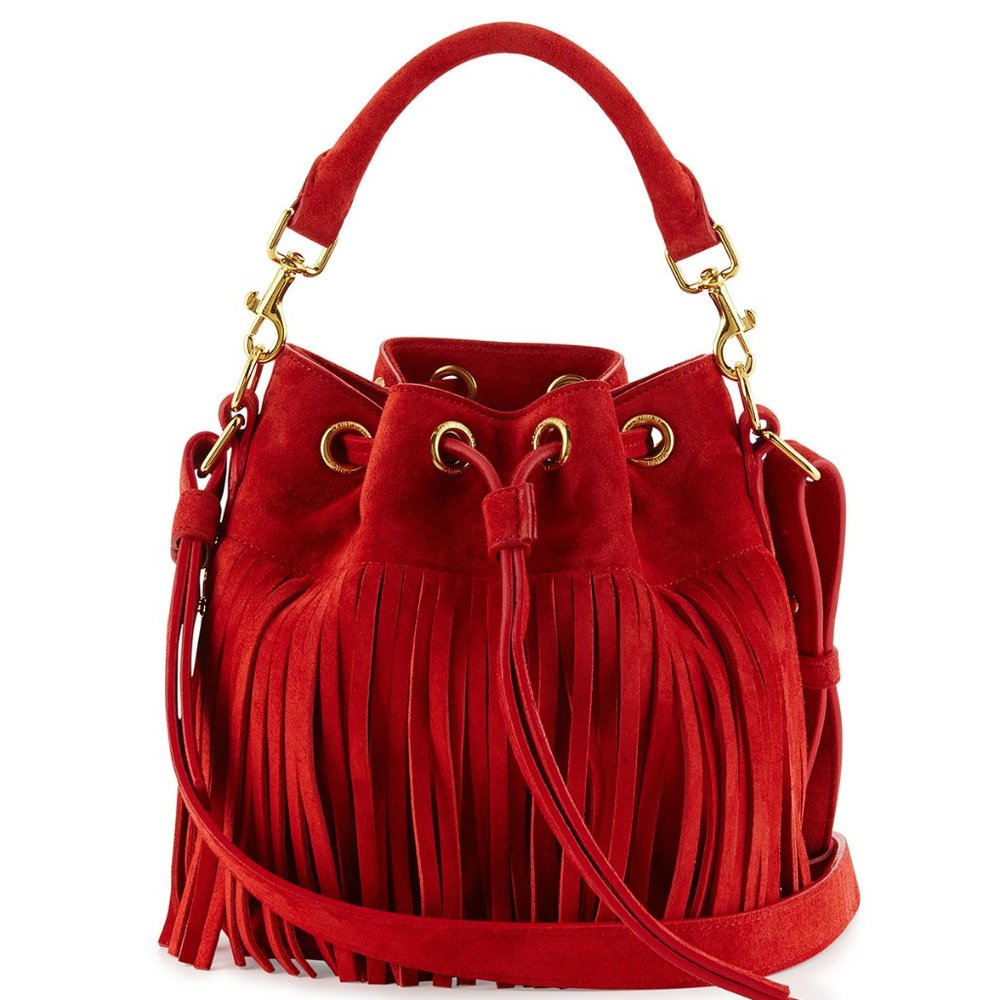 Saint Laurent Emmanuelle Small Fringe Bucket Bag, Red